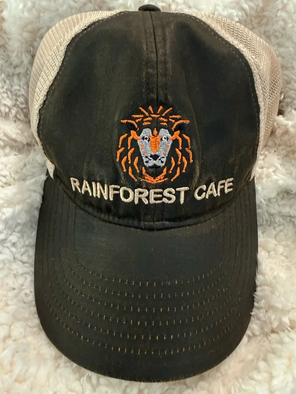 Rainforest Cafe, Brown Faux Leather, Tan Mesh  Cap; Orange, Silver & Tan Stitch